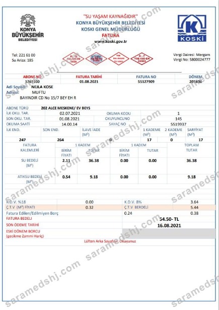 Turkey water utility bill template in Word and PDF format